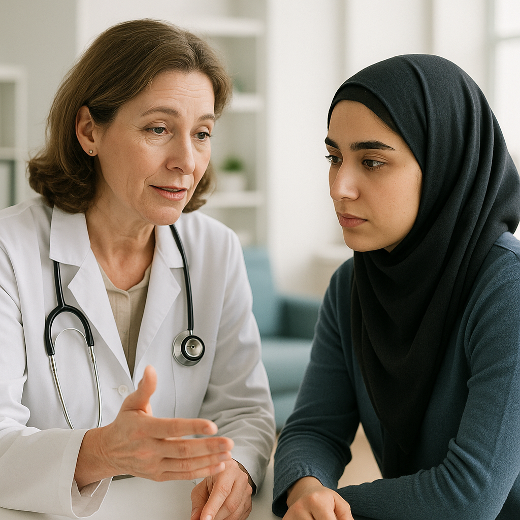 مشاوره دلسوزانه پزشک زن با بیمار در مورد سلامت زنان و عفونت های تناسلی