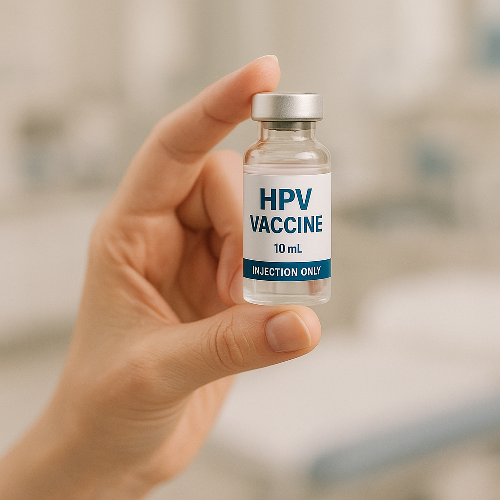 بطری واکسن HPV در دست یک زن، نمادی از پیشگیری و محافظت در برابر زگیل تناسلی و سرطان دهانه رحم