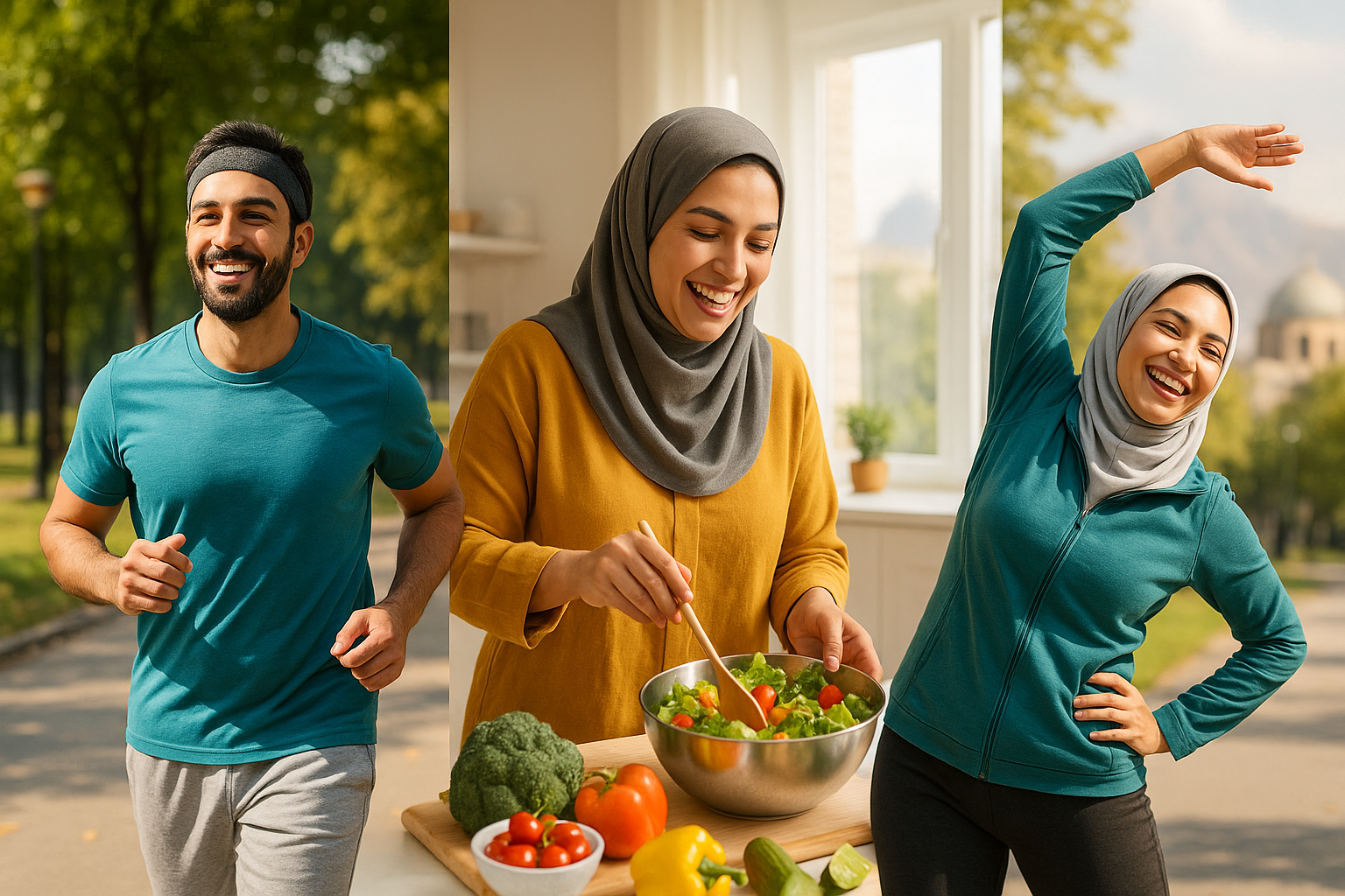 "گروهی از ایرانیان در حال فعالیت‌های ورزشی و آشپزی سالم برای کاهش وزن پایدار"