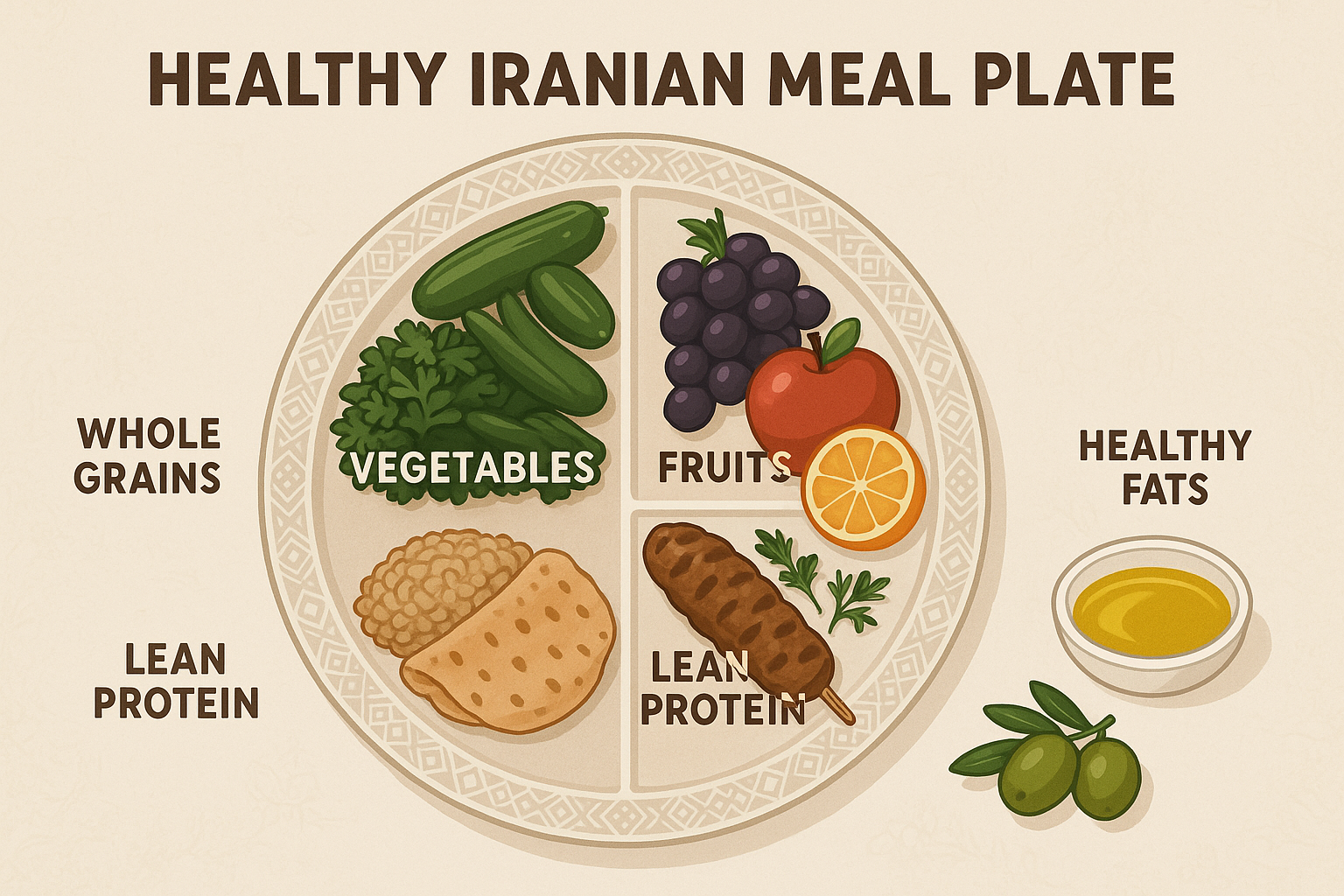 بشقاب غذای سالم ایرانی با پروتئین، سبزیجات و غلات کامل برای کاهش وزن سالم