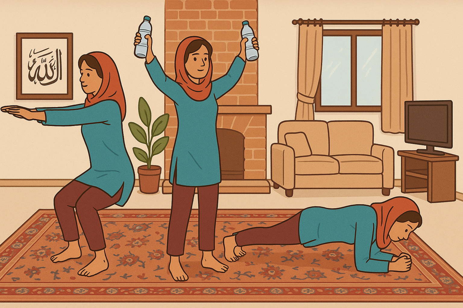 خانمی در حال انجام حرکات ورزشی ساده در خانه برای افزایش متابولیسم و تناسب اندام