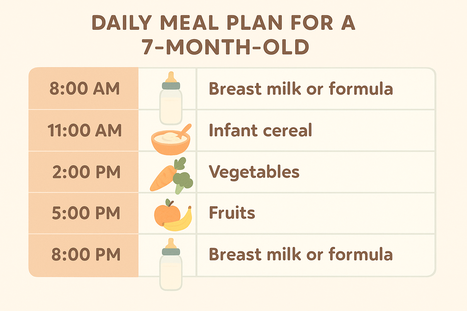  نمودار برنامه غذایی روزانه کودک ۷ ماهه، جدول تغذیه نوزاد ۷ ماهه، راهنمای غذایی نوزاد، برنامه غذایی از نظر پزشکان برای کودک ۷ ماهه