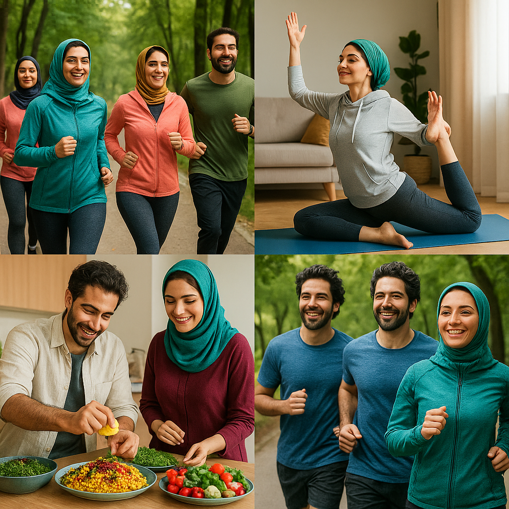 فعالیت‌های ورزشی و تغذیه سالم برای کاهش وزن پایدار در ایرانیان (گروه متنوع افراد در حال ورزش و آشپزی)