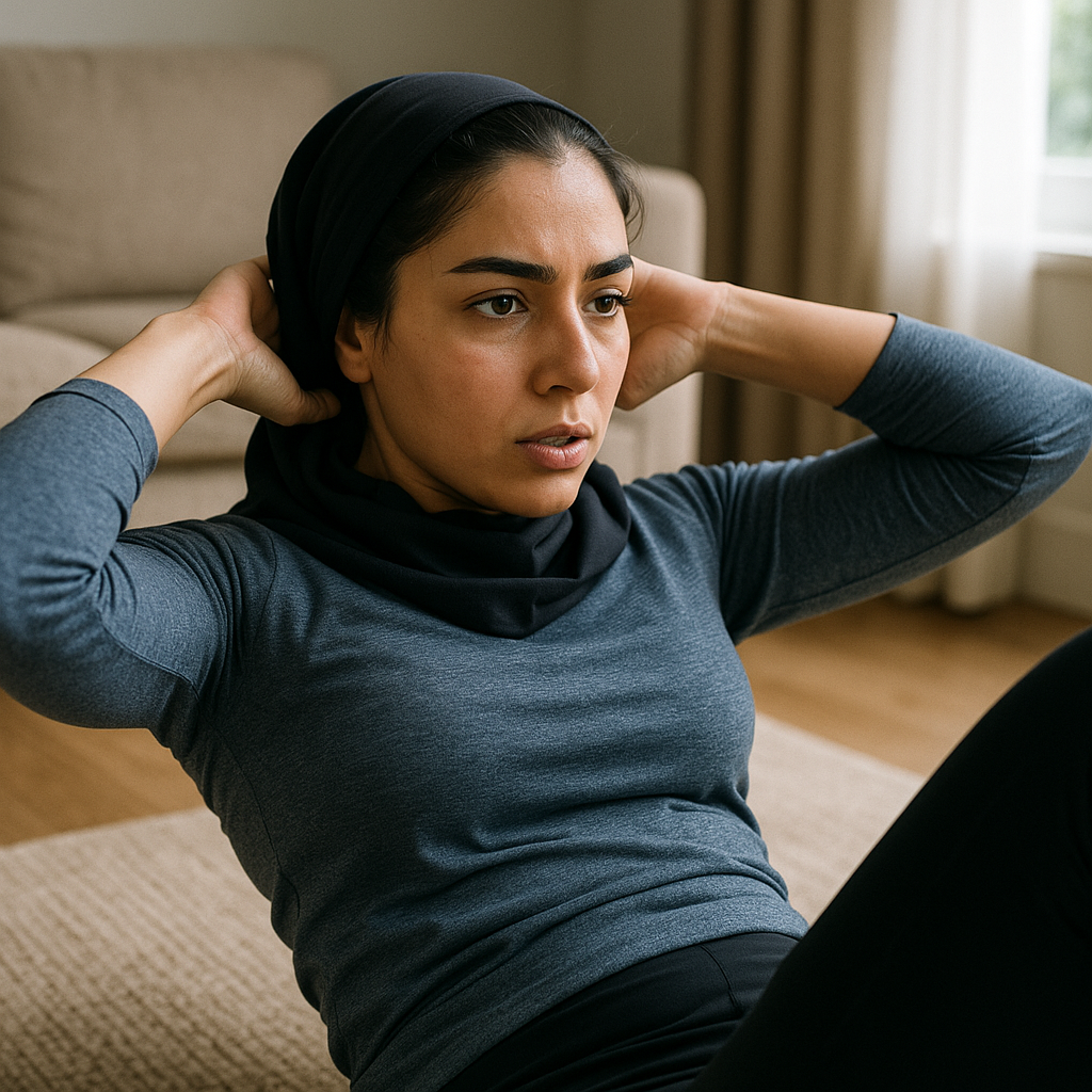 زن ایرانی در حال انجام تمرینات عضلات شکم برای کاهش چربی شکم