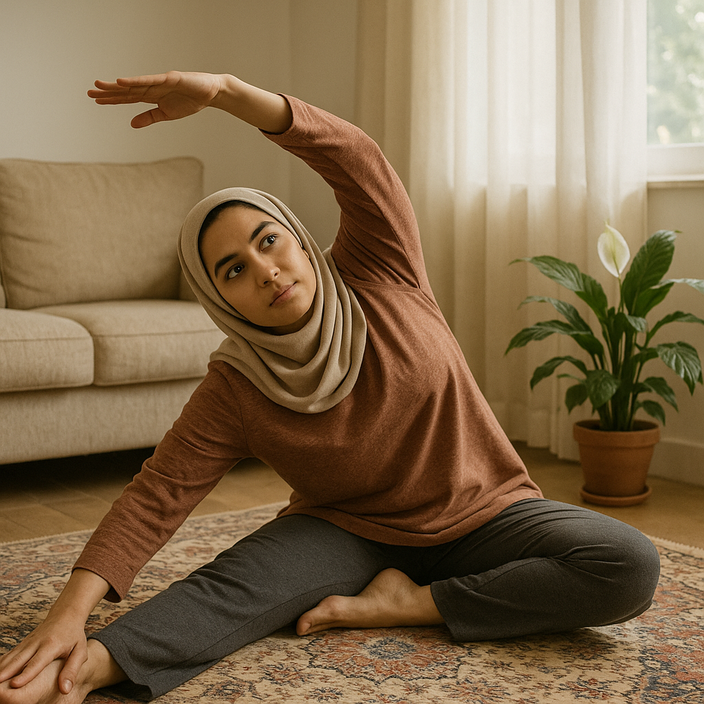 یک زن ایرانی در حال ورزش در خانه برای کاهش وزن و تناسب اندام