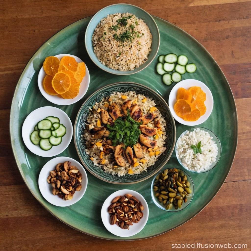 تصویری از یک سفره ایرانی سالم با غذاهای متعادل شامل مرغ گریل شده، برنج قهوه‌ای، سبزیجات تازه، نان سبوس‌دار، ماست، آجیل، میوه خشک و میوه تازه، در یک فضای گرم و صمیمی