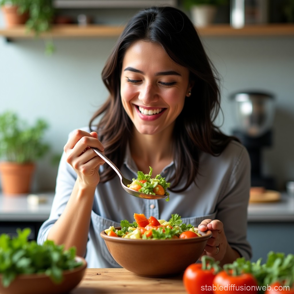  زن ایرانی شاد با سالاد سالم برای کاهش وزن بدون گرسنگی
