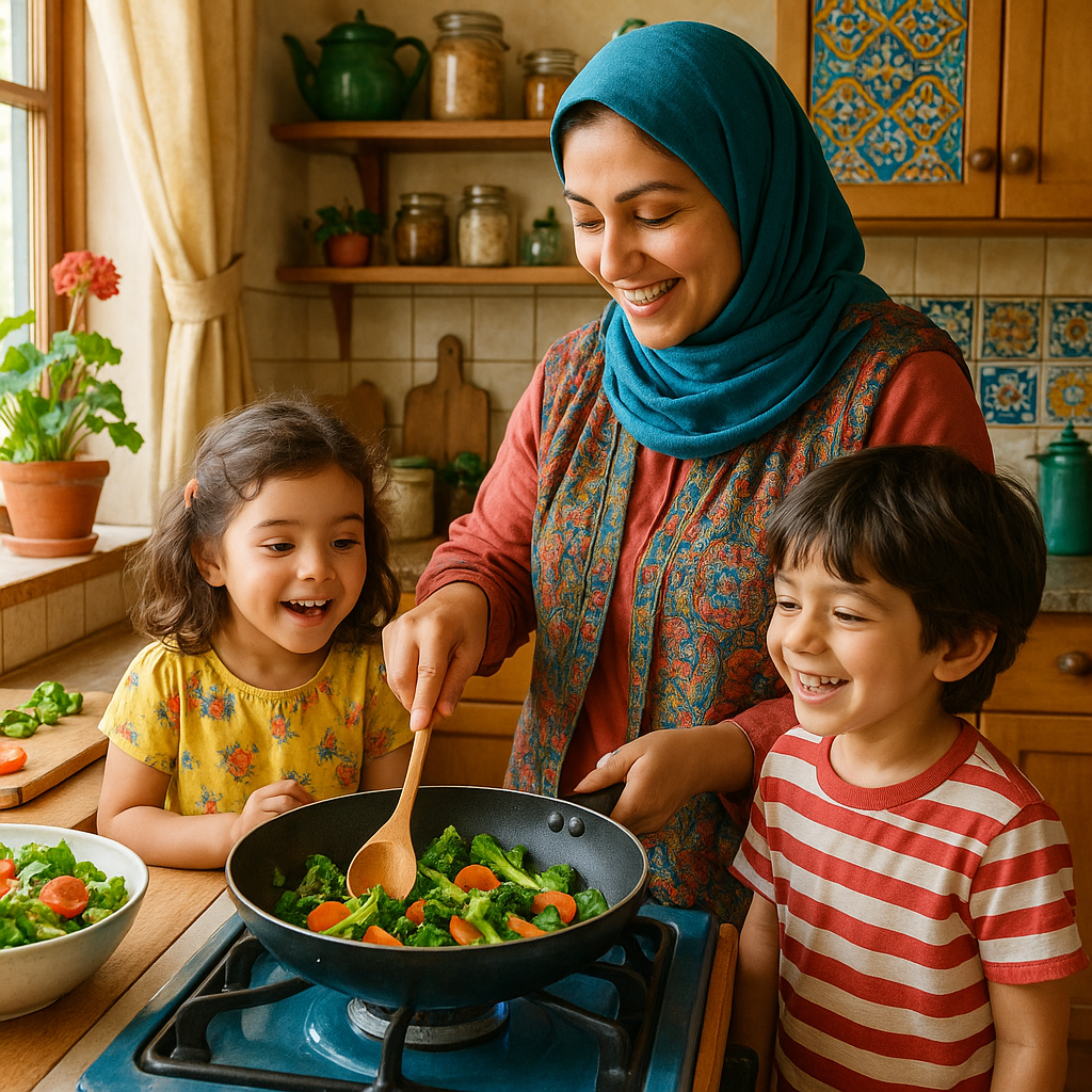  مادر ایرانی در حال پخت غذای سالم برای فرزندان در آشپزخانه