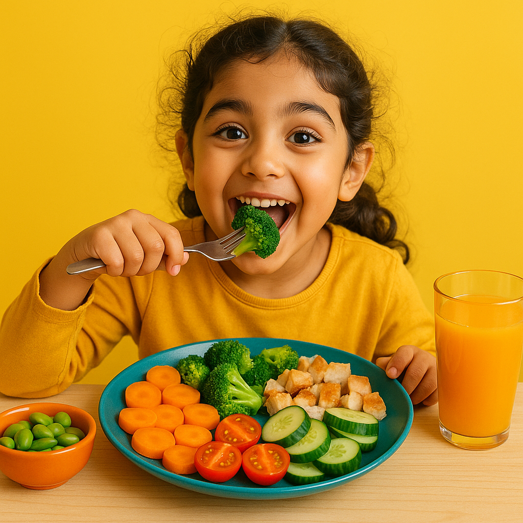  کودک ایرانی در حال خوردن ناهار سالم و رنگارنگ در یک فضای شاد