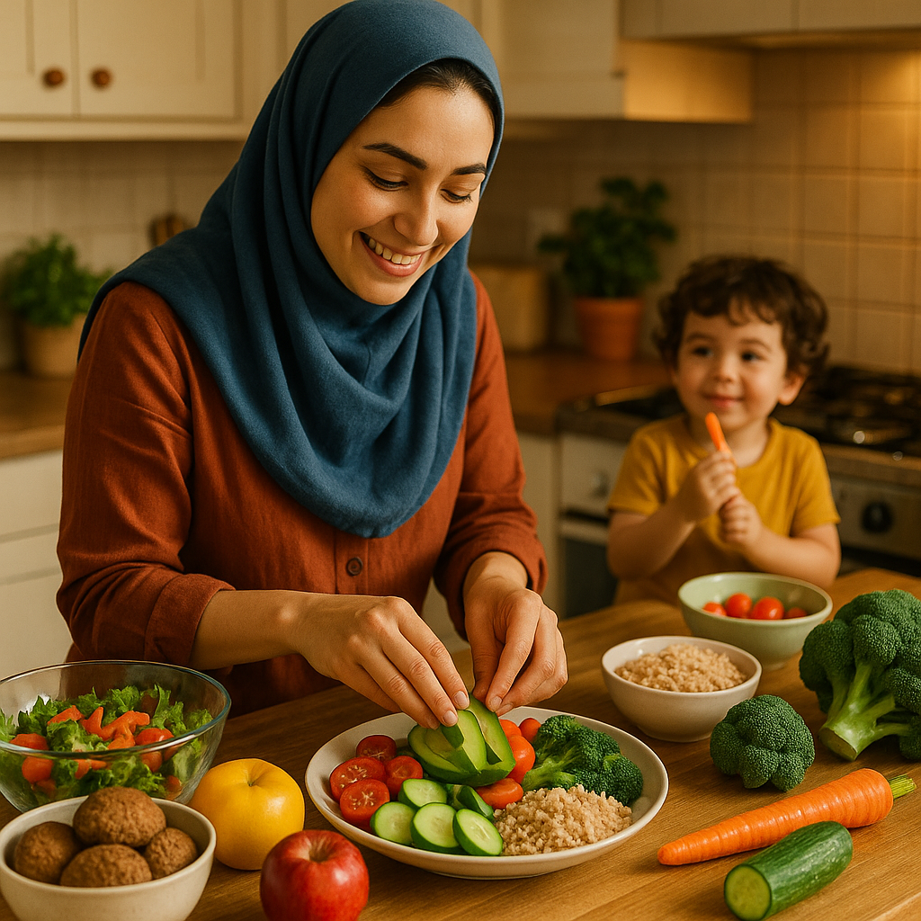 صحنه آشپزی سالم در یک آشپزخانه ایرانی، آماده‌سازی غذای سالم و رنگارنگ برای کودکان