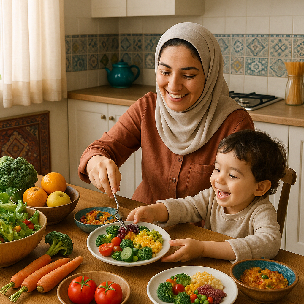 «مادر ایرانی در آشپزخانه در حال آماده کردن غذاهای سالم و خوشمزه برای کودک خود»