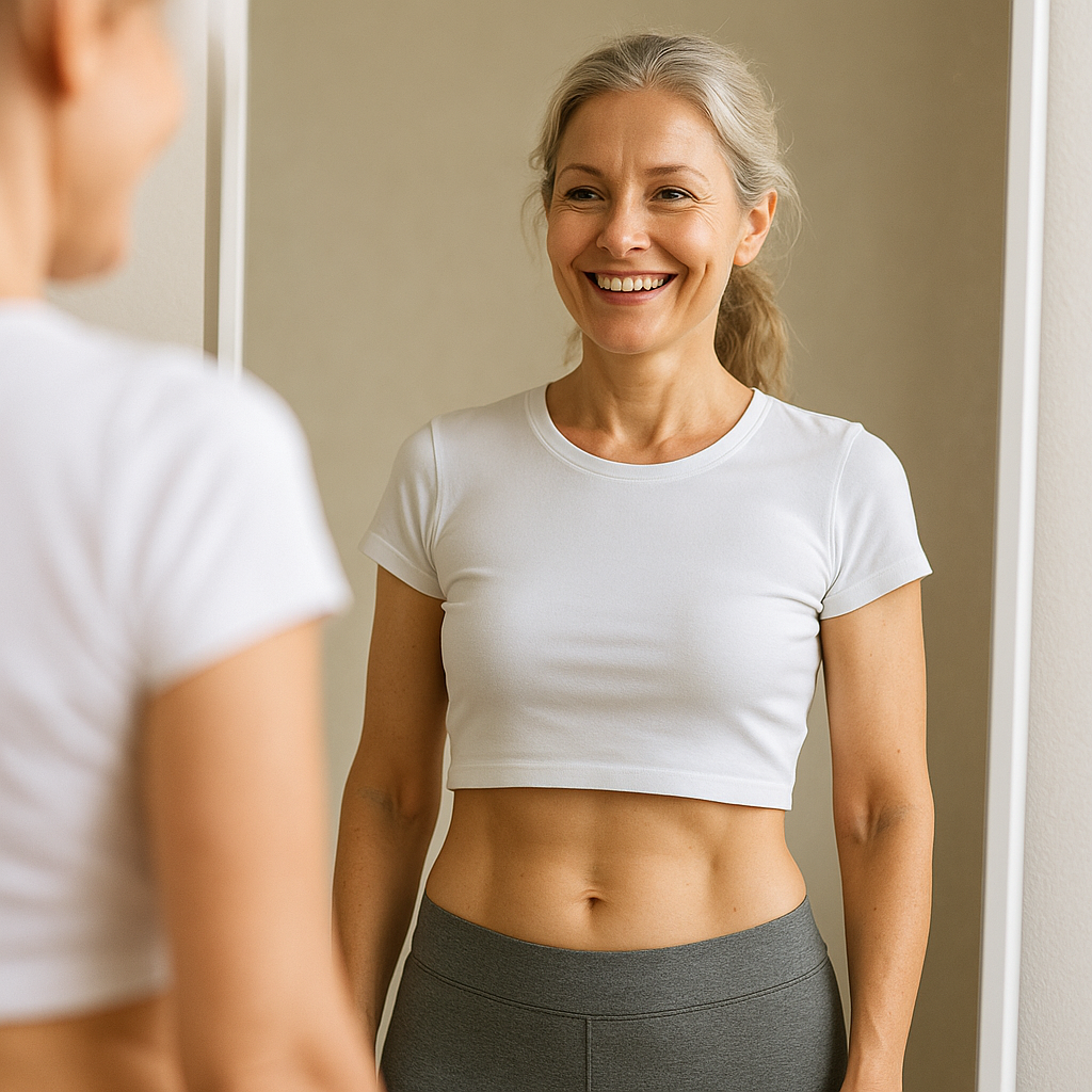 «خانم ایرانی خوشحال و سالم، با شکم صاف و متناسب، در حال نگاه کردن به آینه.